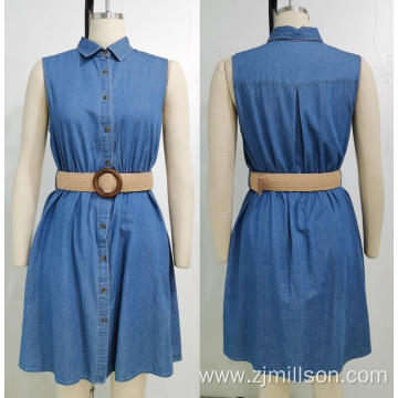 Woven Blue Denim Belt Dress